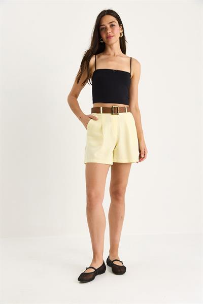 Kadın Kemerli Cep Detaylı İnce Keten Şort 2530 60281070 - Limon Sarısı