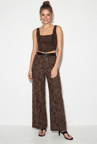 Kadın Kemerli Likralı Desenli Yüksek Bel Bol Paça Denim Dokulu Pantolon 7670 60286219 - Kahverengi