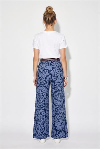 Kadın Kemerli Likralı Desenli Yüksek Bel Bol Paça Denim Dokulu Pantolon 7670 60286219 - Lacivert