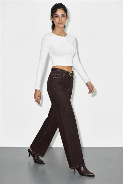 Kadın Kemerli Likralı Geniş Paça Denim Pantolon 3289 60286059 - Acı Kahve