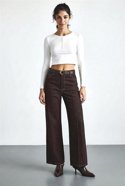 Kadın Kemerli Likralı Geniş Paça Denim Pantolon 3289 60286059 - Acı Kahve