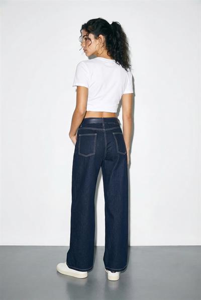 Kadın Kemerli Likralı Geniş Paça Denim Pantolon 3289 60286059 - Lacivert