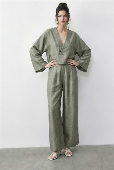 Kadın Kendinden Çiçek Desenli Kruvaze Kimono Salaş Pantolonlu Alt-Üst Takım 60613 60283998 - Su Yeşili