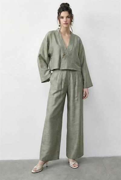 Kadın Kendinden Çiçek Desenli Kruvaze Kimono Salaş Pantolonlu Alt-Üst Takım 60613 60283998 - Su Yeşili