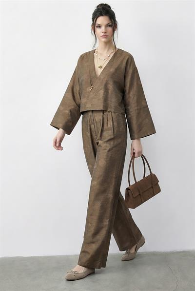 Kadın Kendinden Çiçek Desenli Kruvaze Kimono Salaş Pantolonlu Alt-Üst Takım 60613 60283998 - Haki