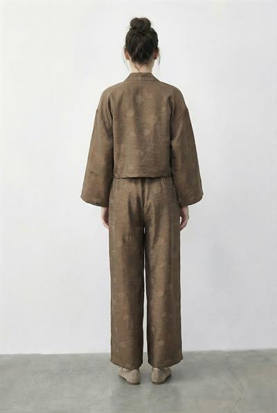 Kadın Kendinden Çiçek Desenli Kruvaze Kimono Salaş Pantolonlu Alt-Üst Takım 60613 60283998 - Haki