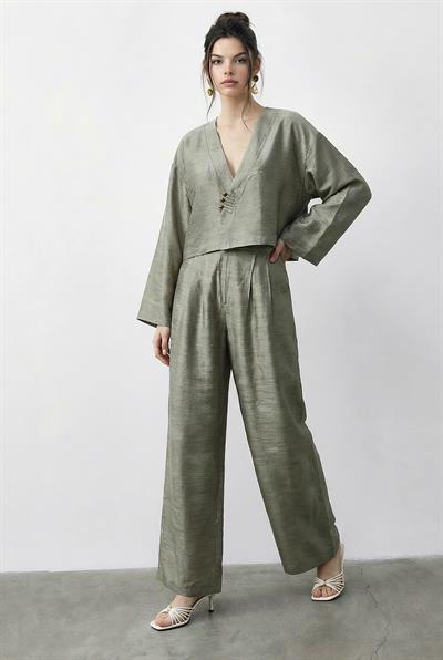 Kadın Kendinden Çiçek Desenli Kruvaze Kimono Salaş Pantolonlu Alt-Üst Takım 60613 60283998 - Su Yeşili
