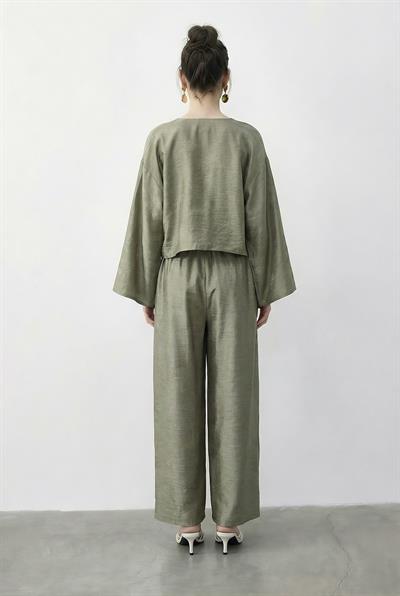 Kadın Kendinden Çiçek Desenli Kruvaze Kimono Salaş Pantolonlu Alt-Üst Takım 60613 60283998 - Su Yeşili