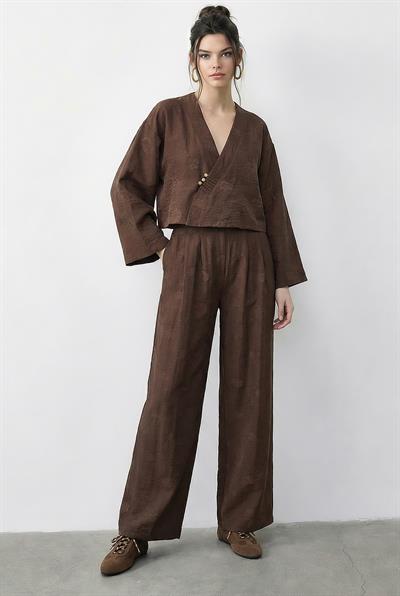 Kadın Kendinden Çiçek Desenli Kruvaze Kimono Salaş Pantolonlu Alt-Üst Takım 60613 60283998 - Acı Kahve