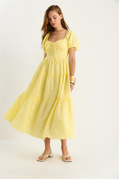Kadın Kendinden Çiçek Nakışlı Astarlı Müslin Elbise 5259 60281102 - Sarı