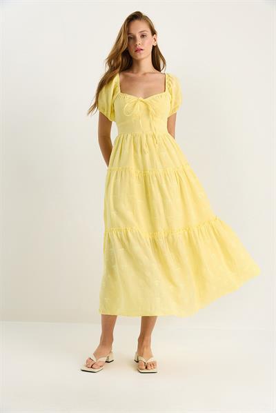 Kadın Kendinden Çiçek Nakışlı Astarlı Müslin Elbise 5259 60281102 - Sarı