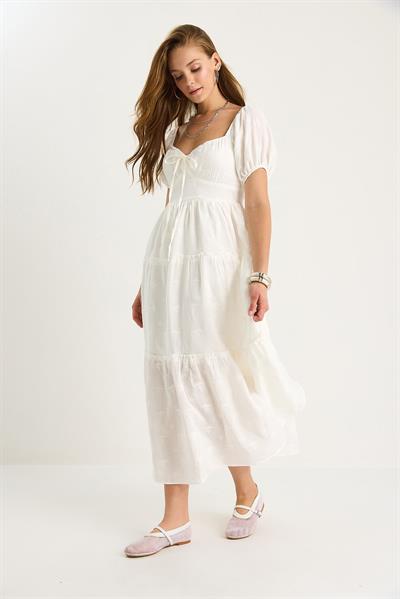 Kadın Kendinden Çiçek Nakışlı Astarlı Müslin Elbise 5259 60281102 - Beyaz