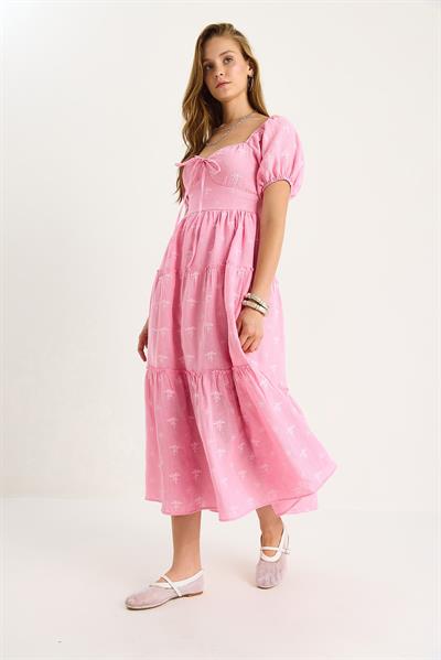 Kadın Kendinden Çiçek Nakışlı Astarlı Müslin Elbise 5259 60281102 - Şeker Pembe