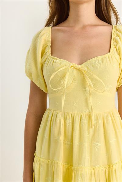 Kadın Kendinden Çiçek Nakışlı Astarlı Müslin Elbise 5259 60281102 - Sarı