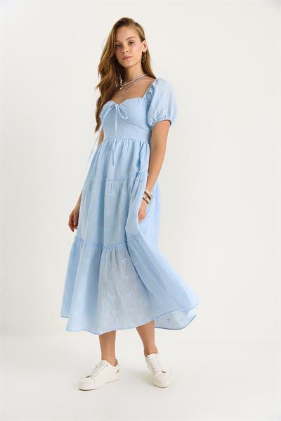 Kadın Kendinden Çiçek Nakışlı Astarlı Müslin Elbise 5259 60281102 - Bebe Mavisi