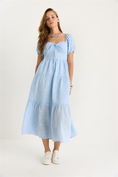 Kadın Kendinden Çiçek Nakışlı Astarlı Müslin Elbise 5259 60281102 - Bebe Mavisi