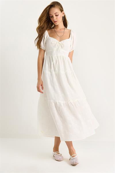 Kadın Kendinden Çiçek Nakışlı Astarlı Müslin Elbise 5259 60281102 - Beyaz