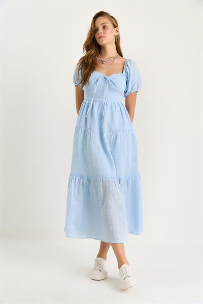 Kadın Kendinden Çiçek Nakışlı Astarlı Müslin Elbise 5259 60281102 - Bebe Mavisi