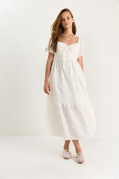 Kadın Kendinden Çiçek Nakışlı Astarlı Müslin Elbise 5259 60281102 - Beyaz