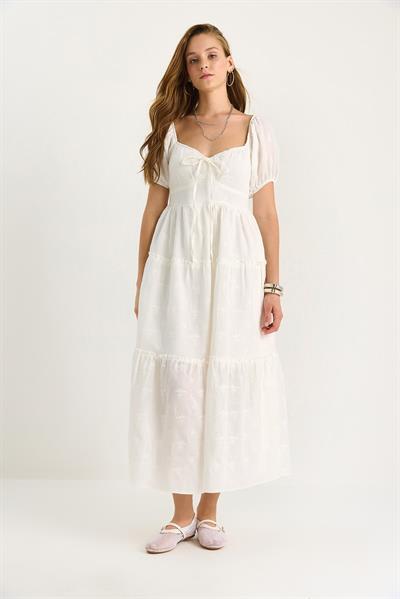 Kadın Kendinden Çiçek Nakışlı Astarlı Müslin Elbise 5259 60281102 - Beyaz