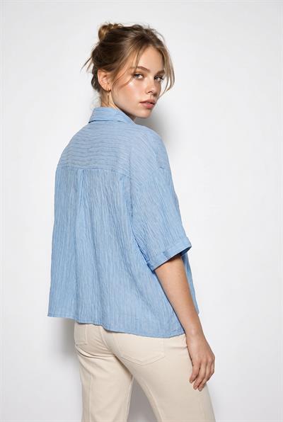 Kadın Kendinden Çizgili Açık Yaka Oversize Kısa Kol Gömlek 60282055 - Bebe Mavisi