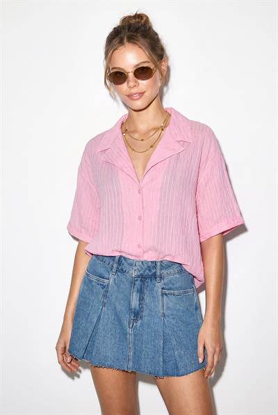 Kadın Kendinden Çizgili Açık Yaka Oversize Kısa Kol Gömlek 60282055 - Şeker Pembe