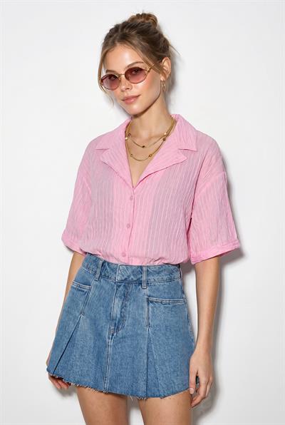 Kadın Kendinden Çizgili Açık Yaka Oversize Kısa Kol Gömlek 60282055 - Şeker Pembe