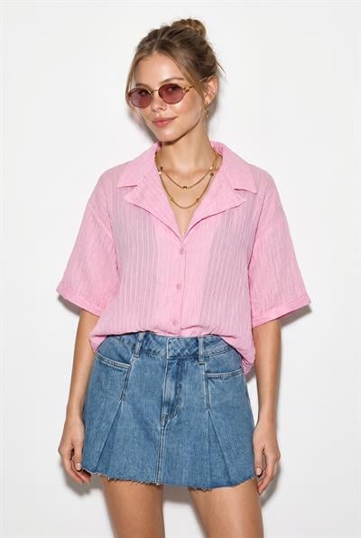 Kadın Kendinden Çizgili Açık Yaka Oversize Kısa Kol Gömlek 60282055 - Şeker Pembe