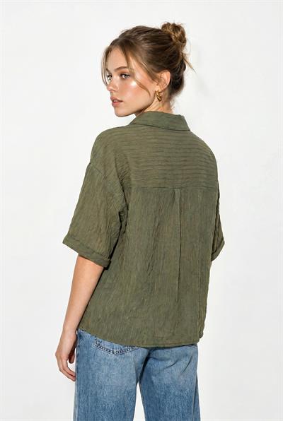 Kadın Kendinden Çizgili Açık Yaka Oversize Kısa Kol Gömlek 60282055 - Fıstık Yeşili
