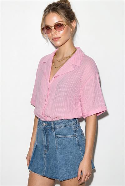 Kadın Kendinden Çizgili Açık Yaka Oversize Kısa Kol Gömlek 60282055 - Şeker Pembe