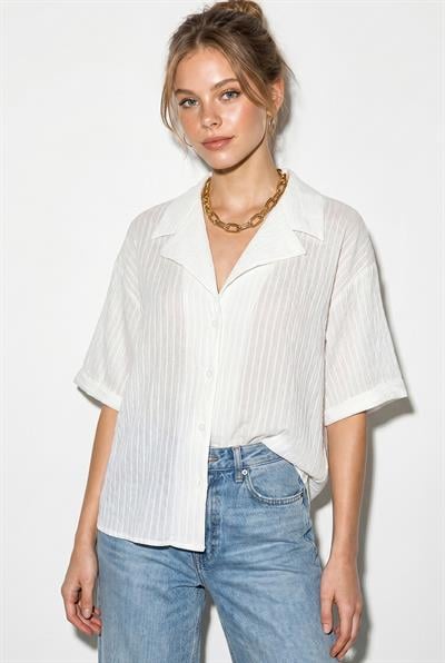 Kadın Kendinden Çizgili Açık Yaka Oversize Kısa Kol Gömlek 60282055 - Beyaz