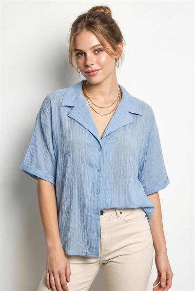 Kadın Kendinden Çizgili Açık Yaka Oversize Kısa Kol Gömlek 60282055 - Bebe Mavisi