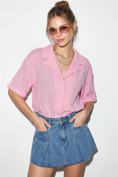 Kadın Kendinden Çizgili Açık Yaka Oversize Kısa Kol Gömlek 60282055 - Şeker Pembe