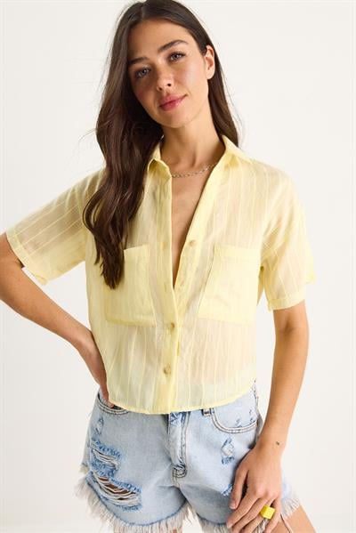 Kadın Kendinden Çizgili Çift Cep Detaylı Viskon Crop Gömlek 2110 60283409 - Limon Sarısı