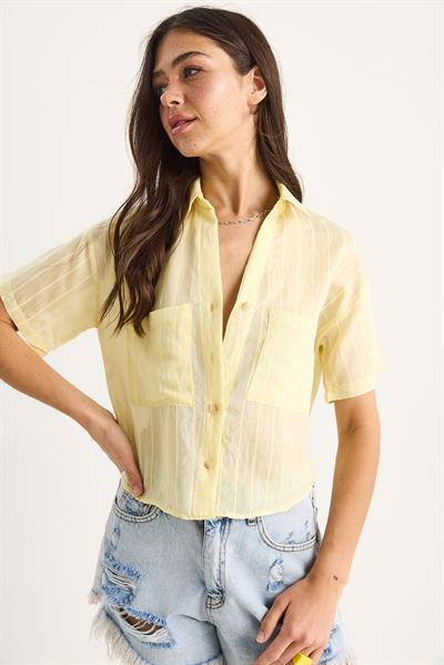 Kadın Kendinden Çizgili Çift Cep Detaylı Viskon Crop Gömlek 2110 60283409 - Limon Sarısı