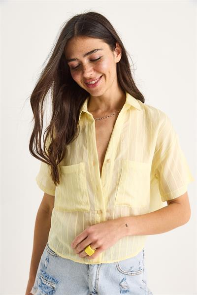 Kadın Kendinden Çizgili Çift Cep Detaylı Viskon Crop Gömlek 2110 60283409 - Limon Sarısı