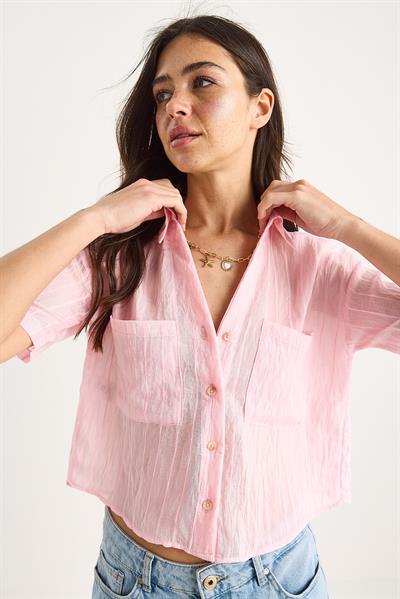 Kadın Kendinden Çizgili Çift Cep Detaylı Viskon Crop Gömlek 2110 60283409 - Şeker Pembe