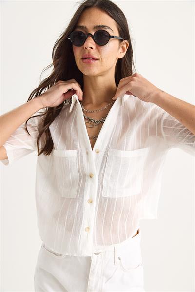 Kadın Kendinden Çizgili Çift Cep Detaylı Viskon Crop Gömlek 2110 60283409 - Beyaz