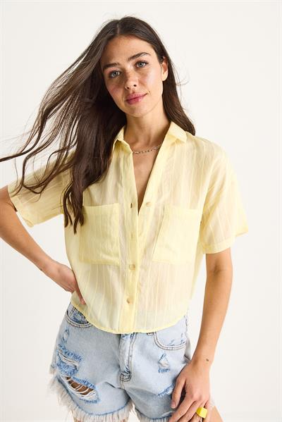 Kadın Kendinden Çizgili Çift Cep Detaylı Viskon Crop Gömlek 2110 60283409 - Limon Sarısı
