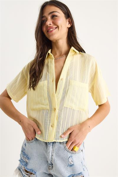 Kadın Kendinden Çizgili Çift Cep Detaylı Viskon Crop Gömlek 2110 60283409 - Limon Sarısı