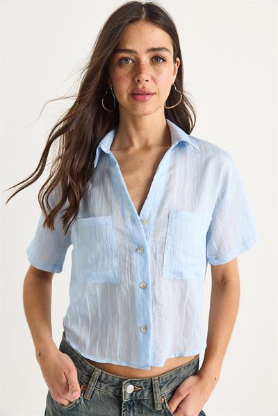 Kadın Kendinden Çizgili Çift Cep Detaylı Viskon Crop Gömlek 2110 60283409 - Bebe Mavisi