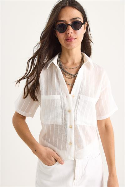Kadın Kendinden Çizgili Çift Cep Detaylı Viskon Crop Gömlek 2110 60283409 - Beyaz