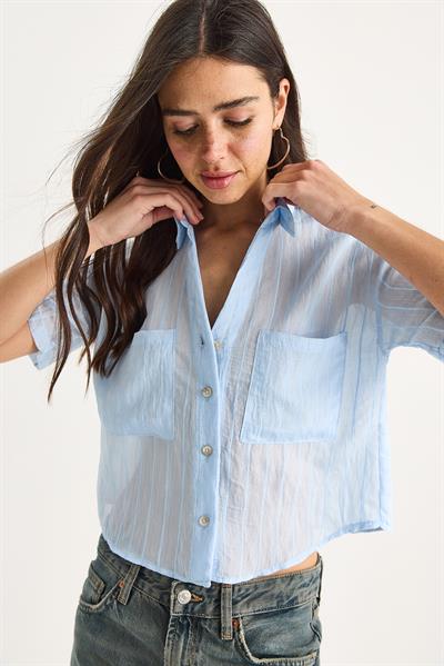Kadın Kendinden Çizgili Çift Cep Detaylı Viskon Crop Gömlek 2110 60283409 - Bebe Mavisi