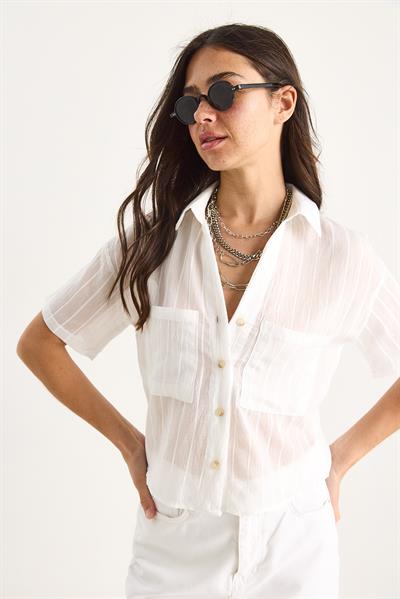Kadın Kendinden Çizgili Çift Cep Detaylı Viskon Crop Gömlek 2110 60283409 - Beyaz