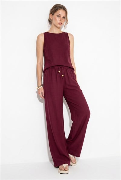 Kadın Keten Bluz Pantolon Takım 3392 60283483 - Bordo ALT - ÜST TAKIM modelleri