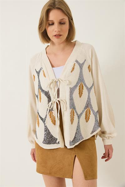 Kadın Keten Pul Payet Nakışlı Bağlama Detaylı Kimono MH-6098 60283206 - Bej