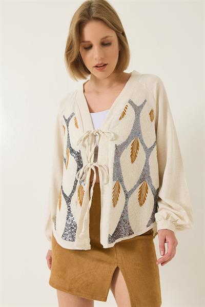 Kadın Keten Pul Payet Nakışlı Bağlama Detaylı Kimono MH-6098 60283206 - Bej