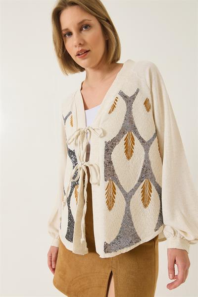 Kadın Keten Pul Payet Nakışlı Bağlama Detaylı Kimono MH-6098 60283206 - Bej