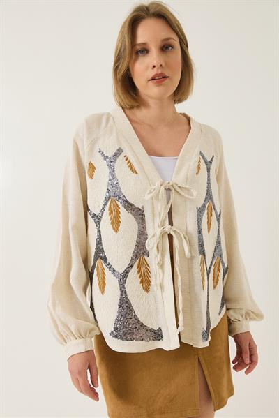 Kadın Keten Pul Payet Nakışlı Bağlama Detaylı Kimono MH-6098 60283206 - Bej