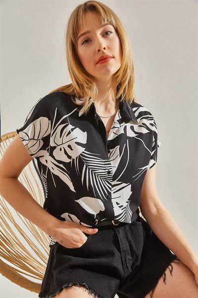 Kadın Kısa Kol Desenli Viskon Gömlek 40831005 - Siyah